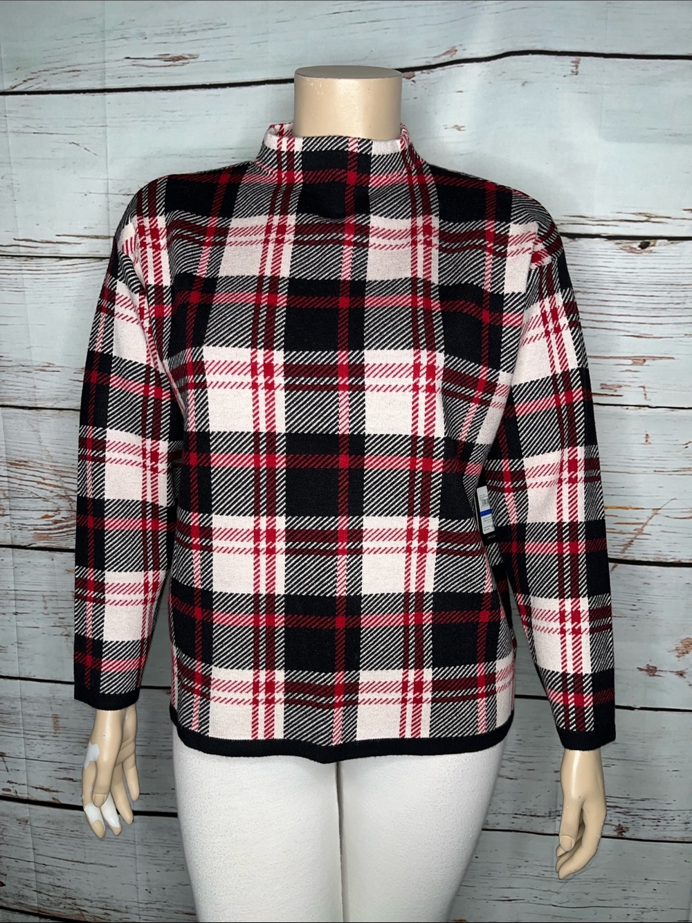 Jones New York NWT Size XL Black & Red Plaid Mock Neckline Sweater Top